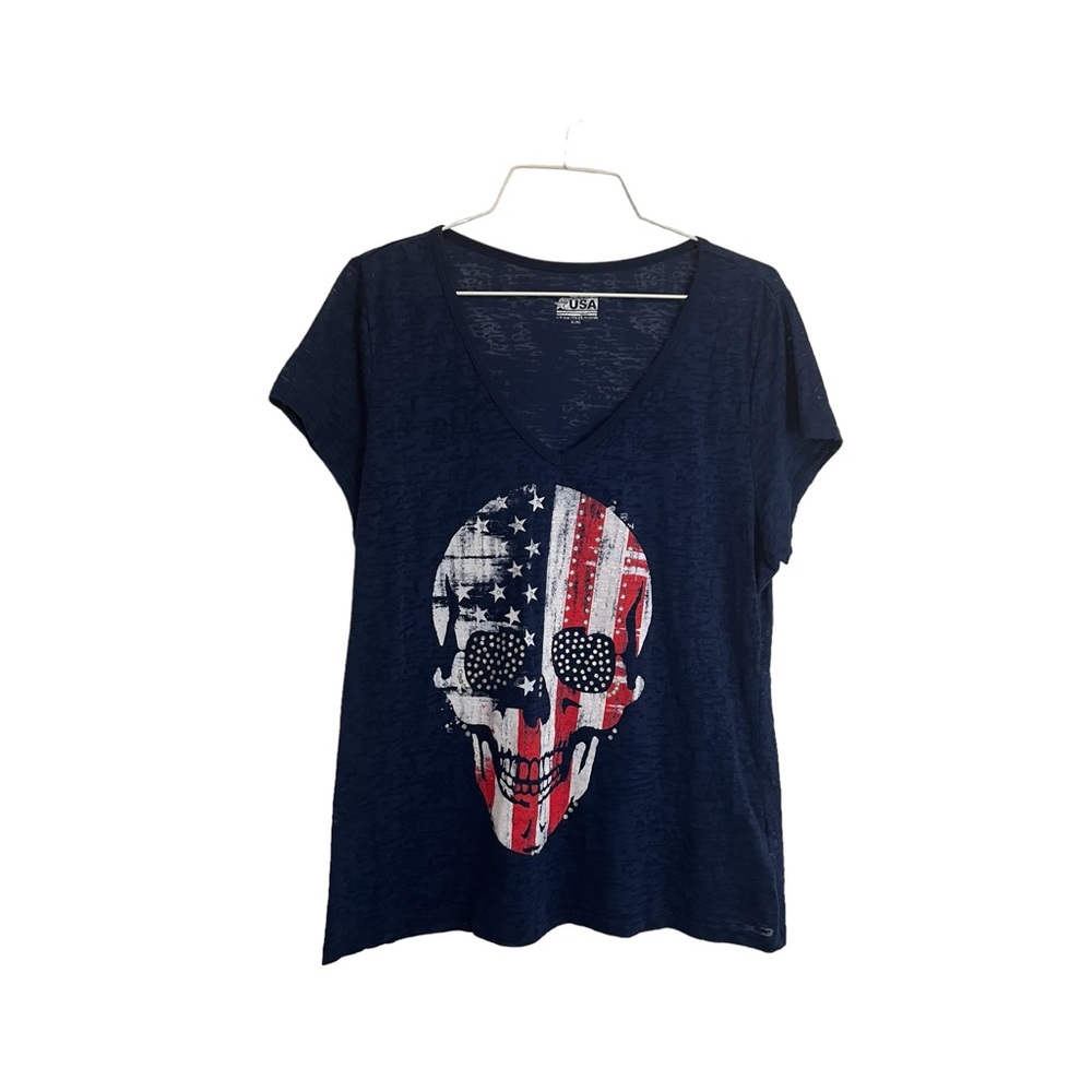 Made in USA Navy Blue Skull American Flag Burnout Short Sleeve Shirt Juniors XL